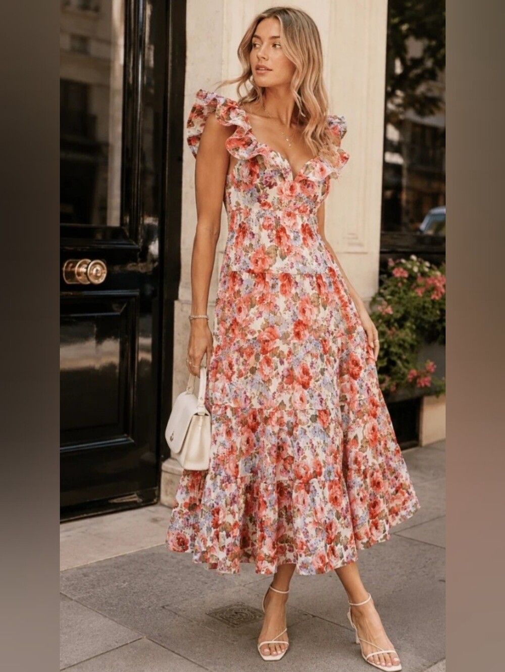 Beulah "Tuckernuck" Flounce Floral Tiered Ruffle Midi V neck Dress